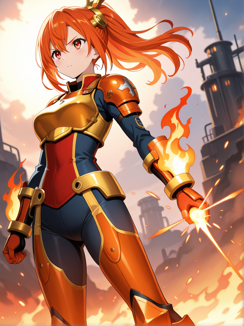 Akari strides through a furnace-lit street with embers coiling around her blade.