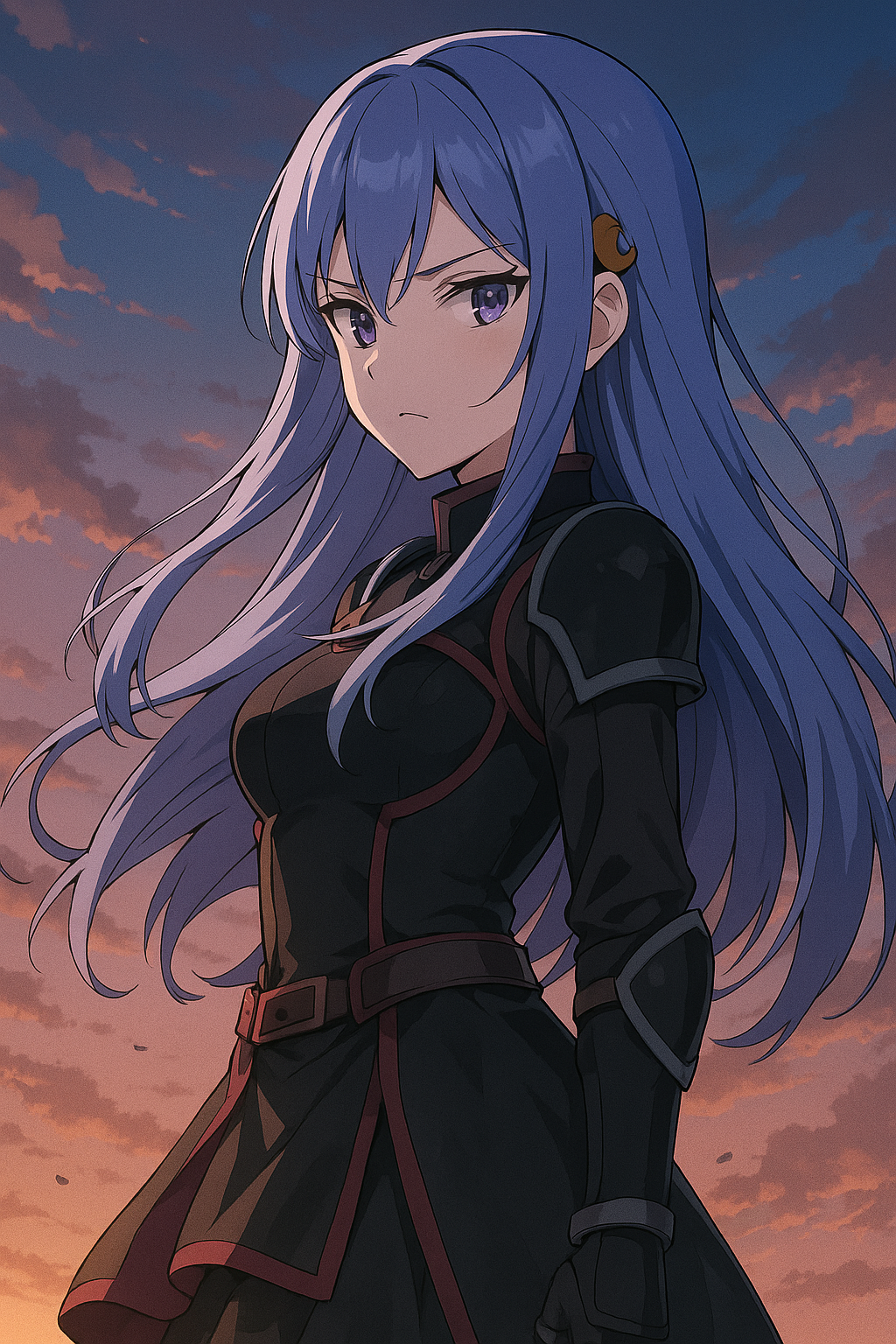 Hina holds her violin blade poised as crimson petals drift around.