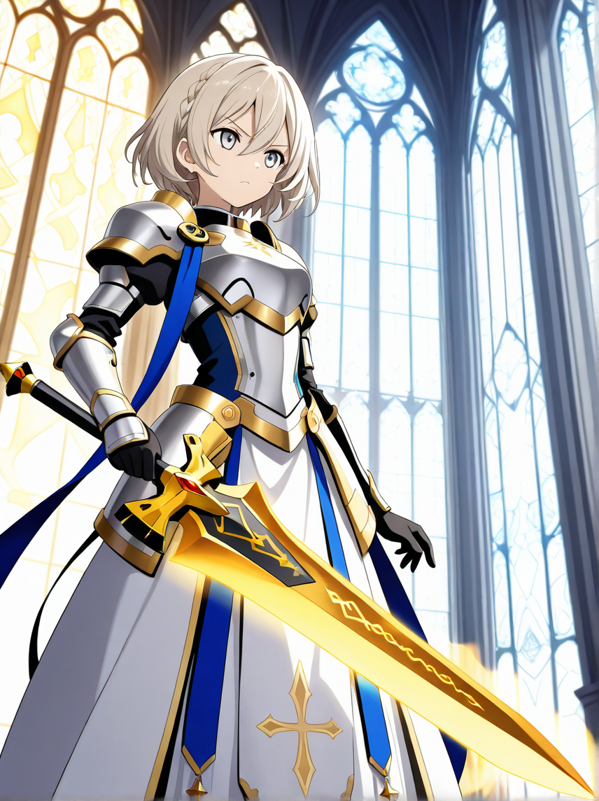 Hina raises her violin-sword amid stained-glass light scattering like shards.