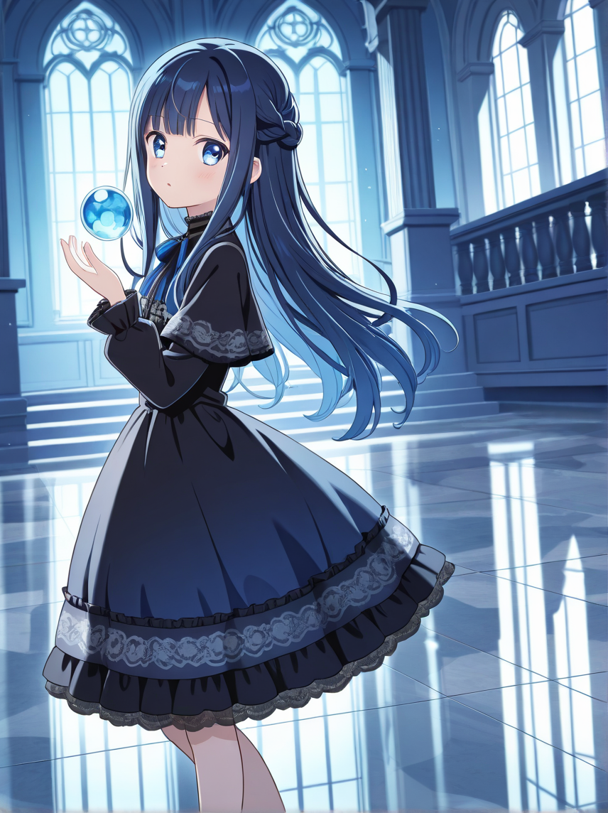 Komi gazes over moonlit tides while spectral water threads coil around her hands.