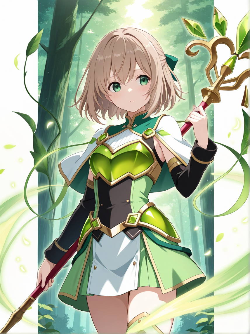 Miyu stands amid bioluminescent vines that curl around a radiant shield.