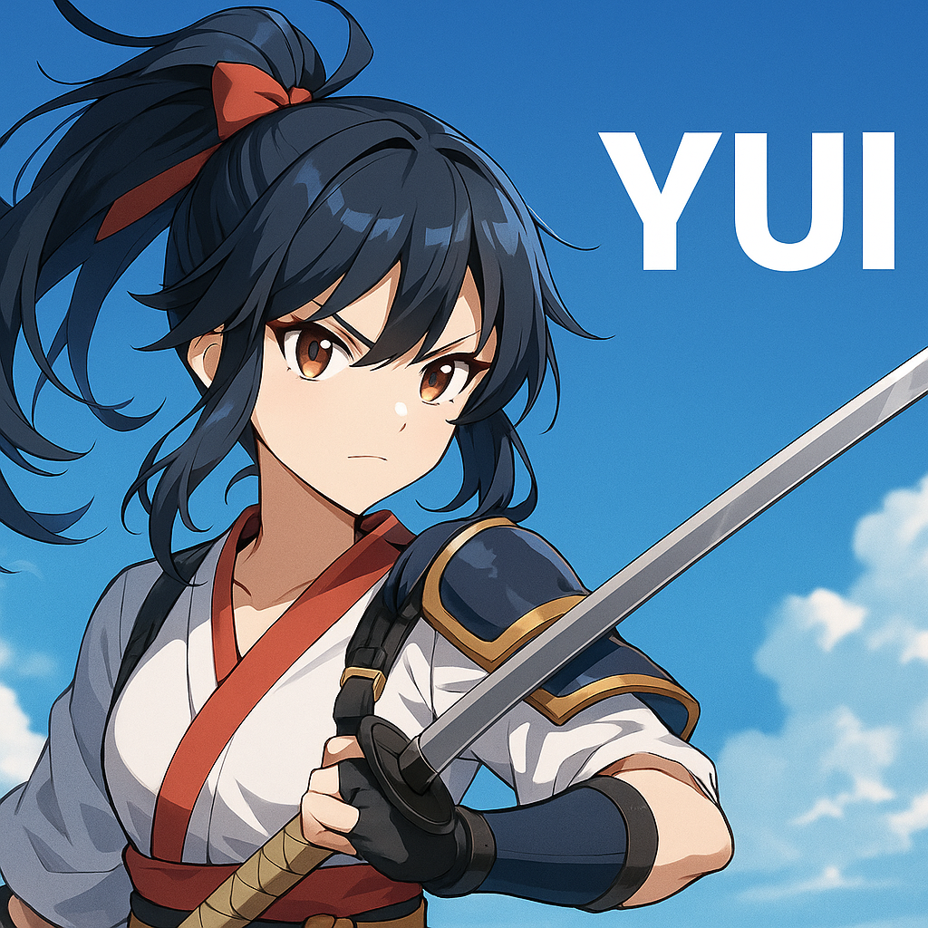 Yui flips through a neon skyline with twin daggers drawn mid-air.