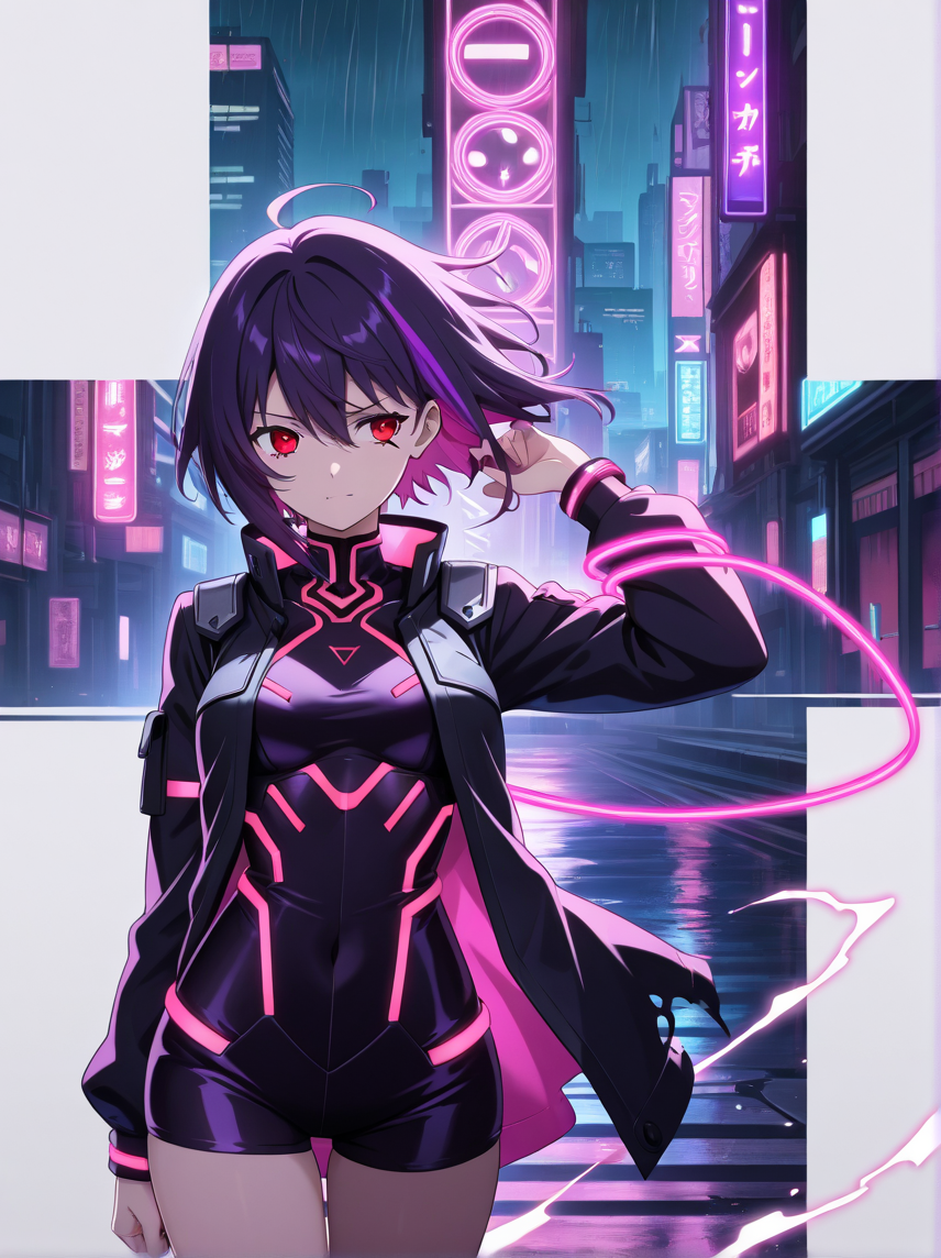 Yui dives through a neon skyline trailing twin blades of violet light.